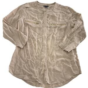 Theory Blouse Womens Small Beige Pink Silk Brundia Zip Pocket Long Sleeve Top